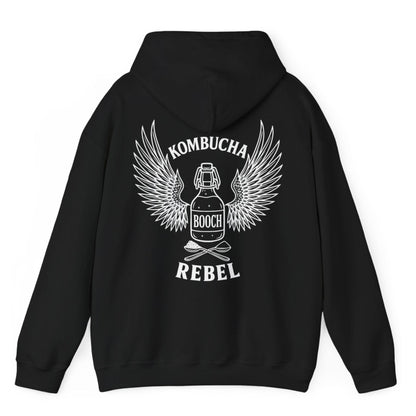 Black Kombucha Rebel back print hoodie for fans of fermentation, featuring a bottle of booch with dramatic wings and crossed spoons - one with tea leaves and one with sugar. Design inspired by vintage Harley Davidson jackets.