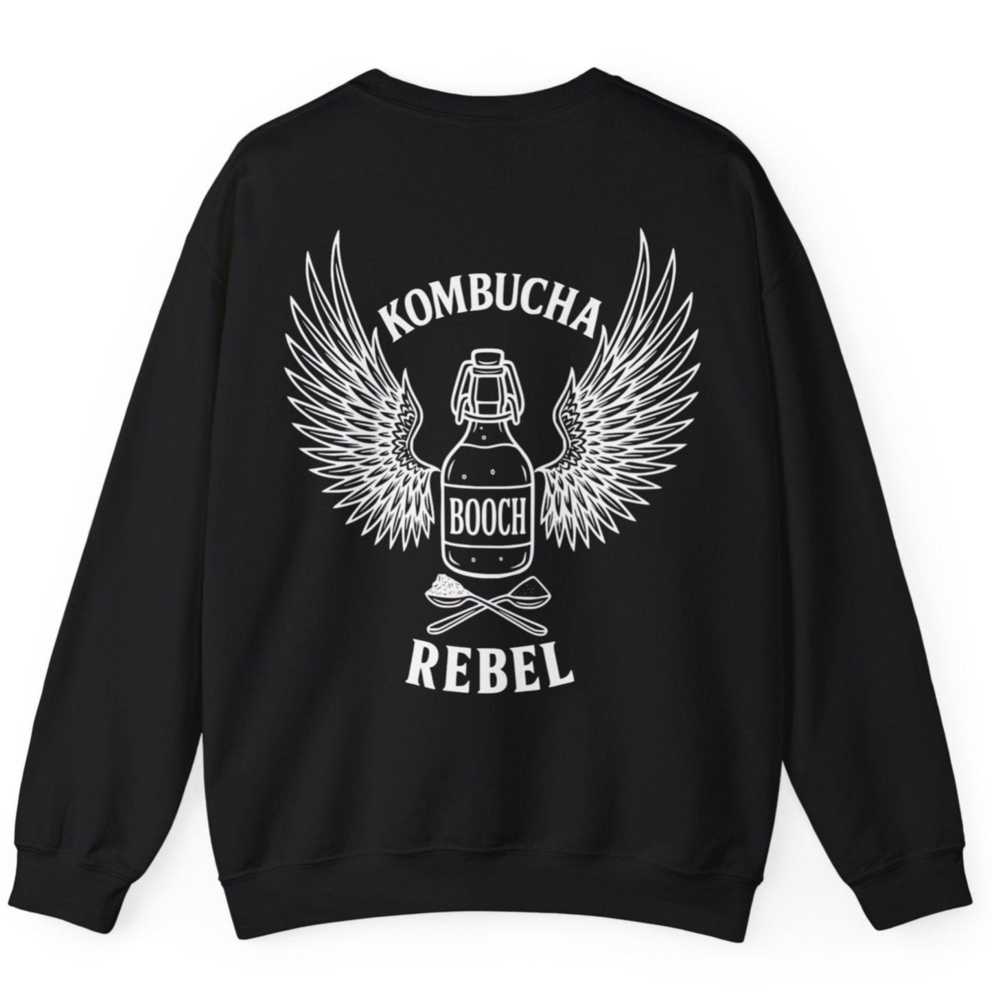 Black Kombucha Rebel back print sweatshirt for fans of fermentation, featuring a bottle of booch with dramatic wings and crossed spoons - one with tea leaves and one with sugar. Design inspired by vintage Harley Davidson jackets.