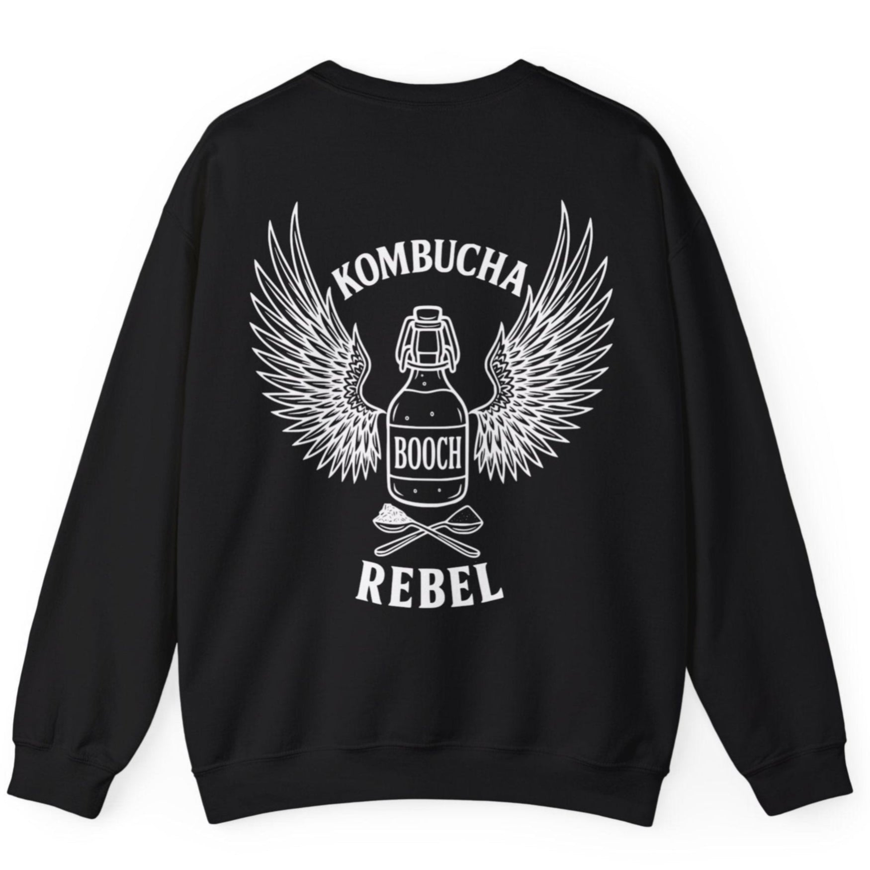 Black Kombucha Rebel back print sweatshirt for fans of fermentation, featuring a bottle of booch with dramatic wings and crossed spoons - one with tea leaves and one with sugar. Design inspired by vintage Harley Davidson jackets.