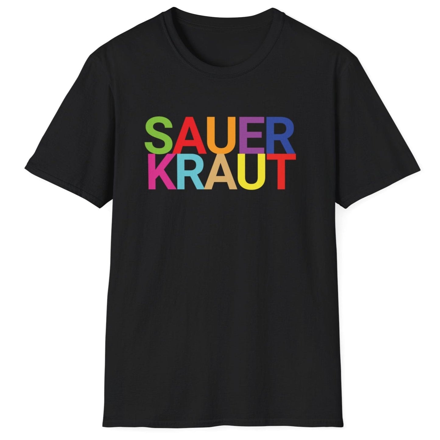 Black cotton t-shirt with the word 'SAUERKRAUT' in big, bold, colourful typography. Perfect gift for fermenters and sauerkraut fans.