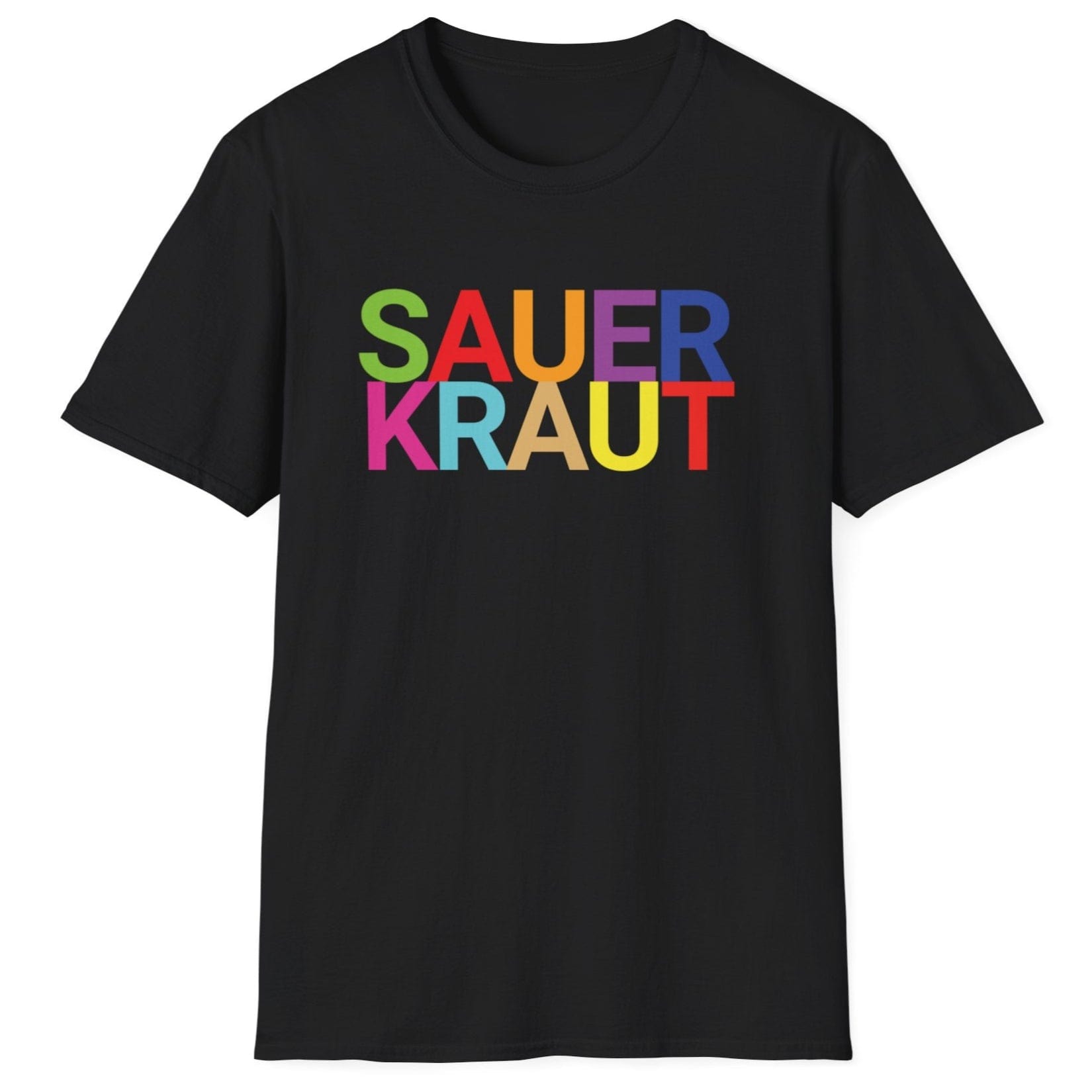 Black cotton t-shirt with the word 'SAUERKRAUT' in big, bold, colourful typography. Perfect gift for fermenters and sauerkraut fans.