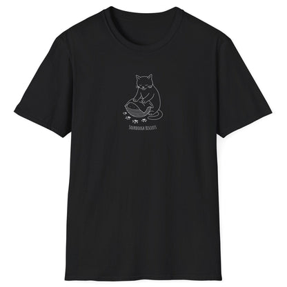 Illustrated cat kneading dough in a banneton, surrounded by floury paw prints — Sourdough Biscuits t-shirt in black for cat and bread lovers