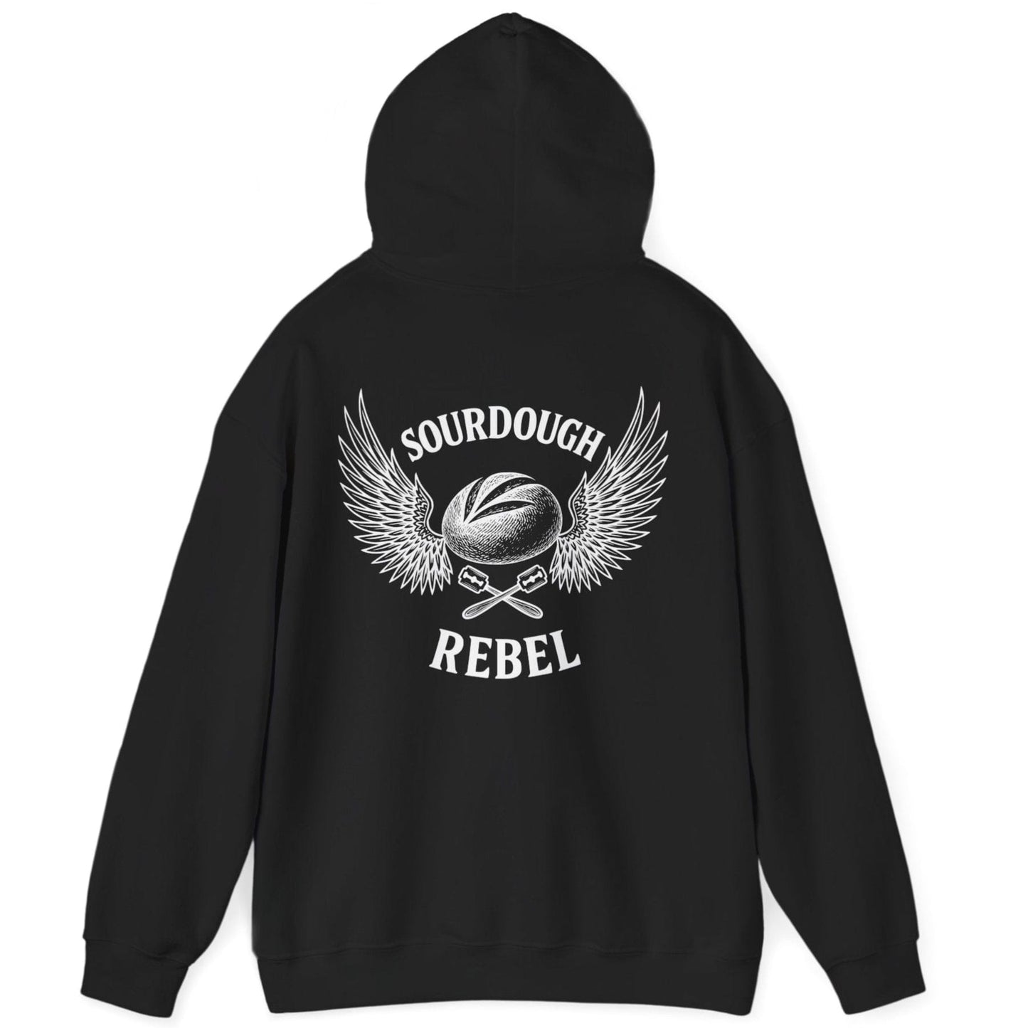 Black Sourdough Rebel back print hoodie for fans of fermentation, featuring a sourdough boule with dramatic wings and crossed lames. Design inspired by vintage Harley Davidson jackets.
