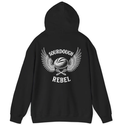 Black Sourdough Rebel back print hoodie for fans of fermentation, featuring a sourdough boule with dramatic wings and crossed lames. Design inspired by vintage Harley Davidson jackets.