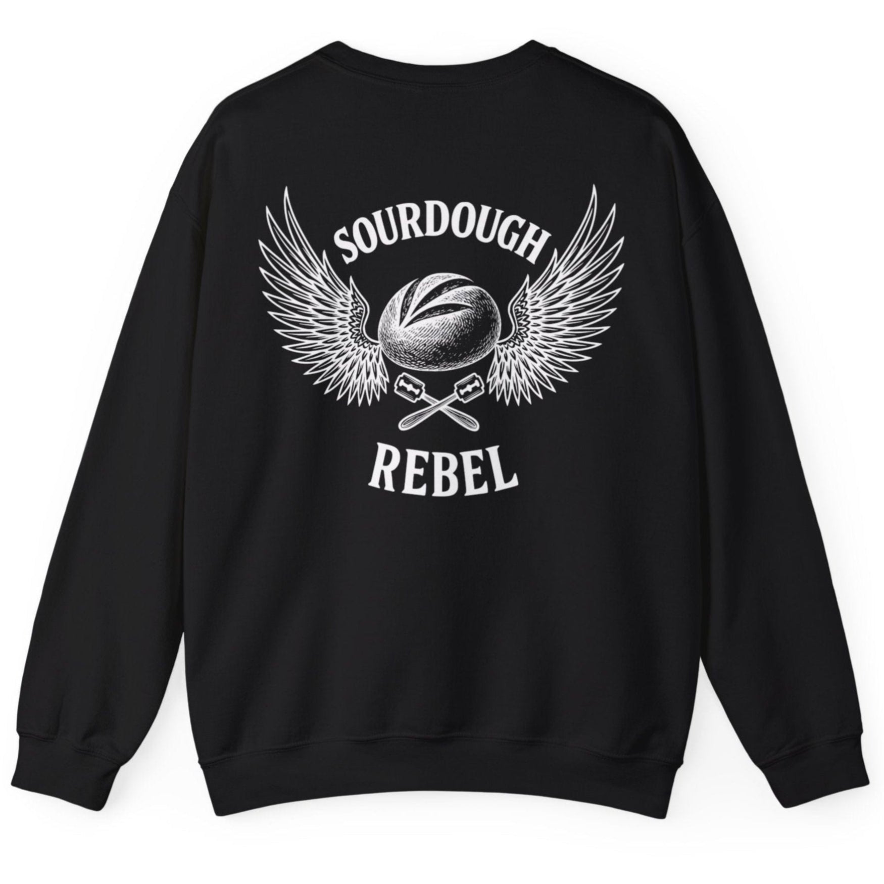 Black Sourdough Rebel back print sweatshirt for fans of fermentation, featuring a sourdough boule with dramatic wings and crossed lames. Design inspired by vintage Harley Davidson jackets.