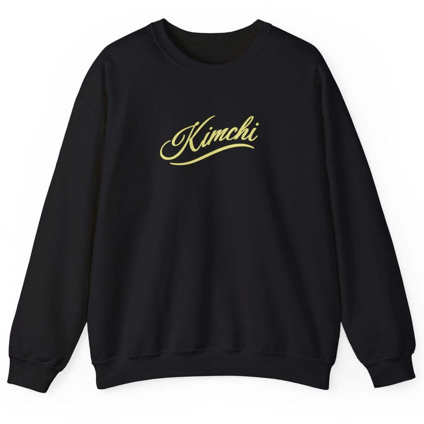 Black sweatshirt with the word KIMCHI in in a simple but elegant script with a subtle flourish. Great gift for fermenters and kimchi lovers.