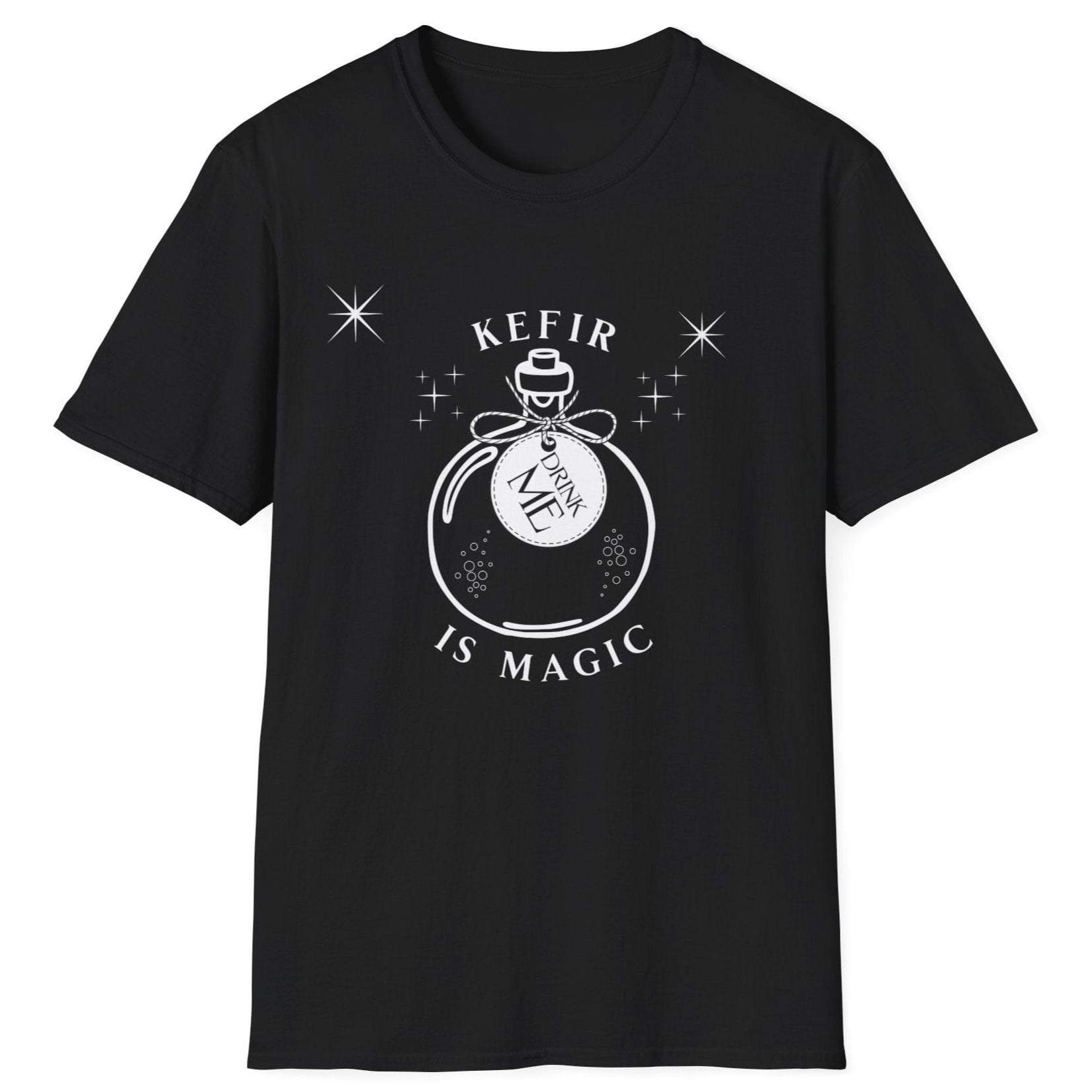 black cotton t-shirt with 'Kefir is Magic' graphic design featuring a magic potion bottle with a label saying 'drink me'