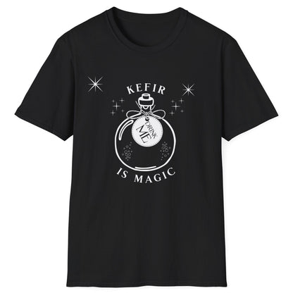 black cotton t-shirt with 'Kefir is Magic' graphic design featuring a magic potion bottle with a label saying 'drink me'