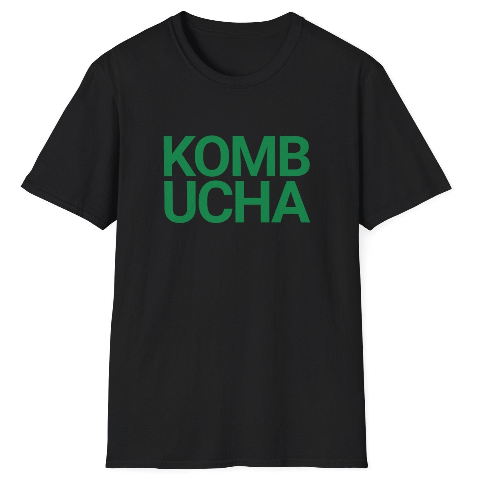 Black fermentation t-shirt with green 'KOMBUCHA' text in modern bold typography