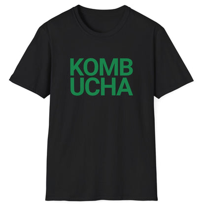 Black fermentation t-shirt with green 'KOMBUCHA' text in modern bold typography