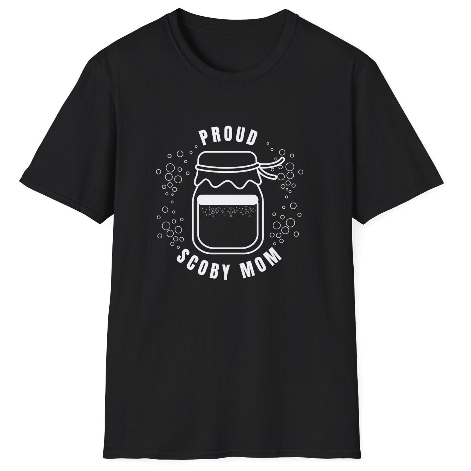 Proud SCOBY Mom T-shirt - white design on a black T-Shirt, unisex cotton tee for kombucha brewers and fermentation enthusiasts