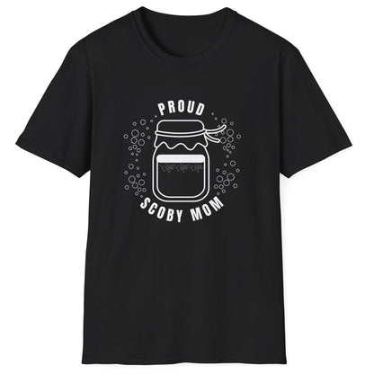 Proud SCOBY Mom T-shirt - white design on a black T-Shirt, unisex cotton tee for kombucha brewers and fermentation enthusiasts