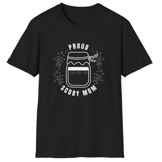 Proud SCOBY Mom T-shirt - white design on a black T-Shirt, unisex cotton tee for kombucha brewers and fermentation enthusiasts