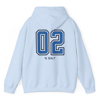 white hoodie with big bold varsity style numbers representing the 2% salt ratio for vegetable ferments like sauerkraut