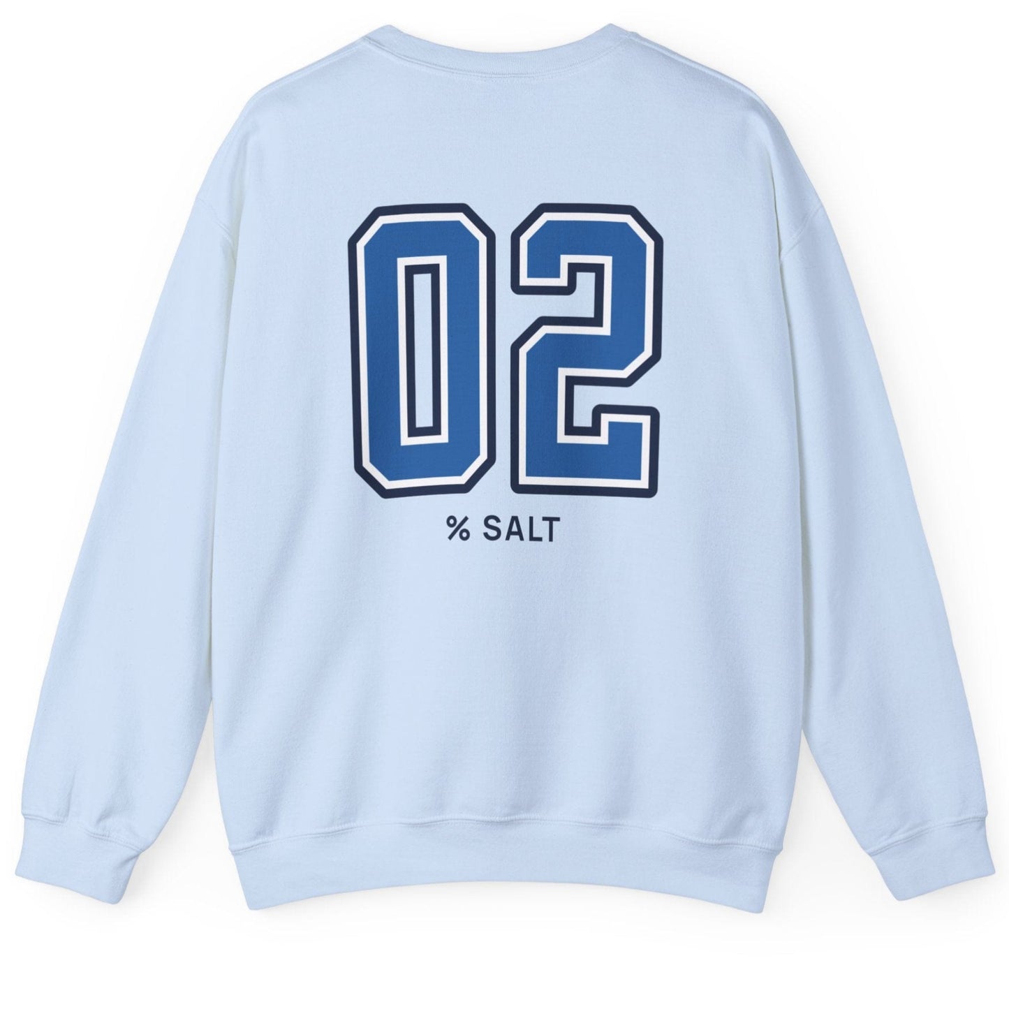 light blue sweatshirt with big bold varsity style numbers representing the 2% salt ratio for vegetable ferments like sauerkraut