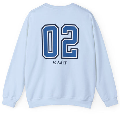 light blue sweatshirt with big bold varsity style numbers representing the 2% salt ratio for vegetable ferments like sauerkraut