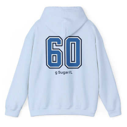 light blue varsity style hoodie for kombucha brewers with big bold back print stating 60g Sugar/L
