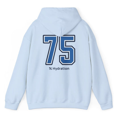 Sourdough baker’s % Hydration hoodie, minimalist light blue hoodie with bold varsity number back print