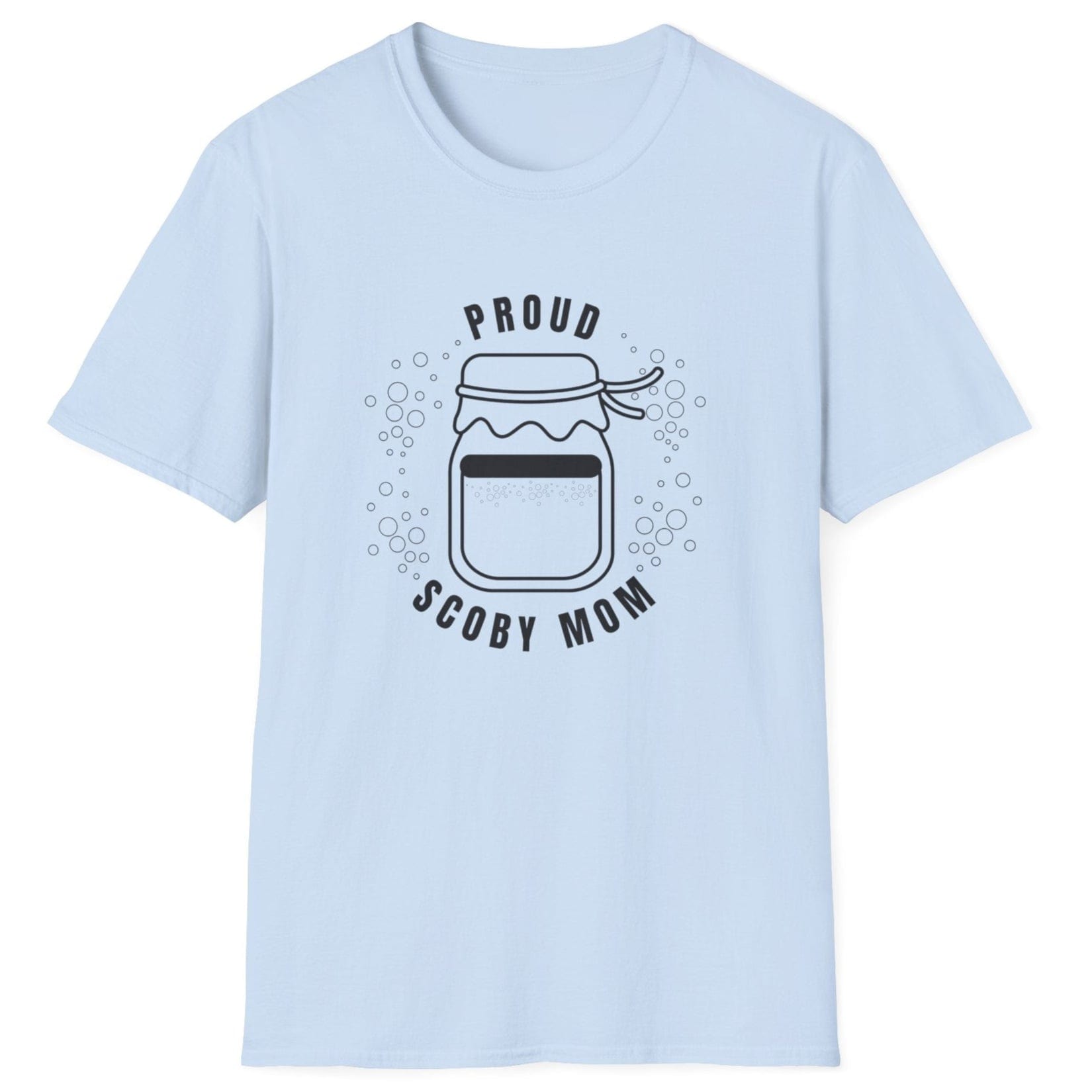Proud SCOBY Mom T-shirt - black design on a light blue T-Shirt, unisex cotton tee for kombucha brewers and fermentation enthusiasts