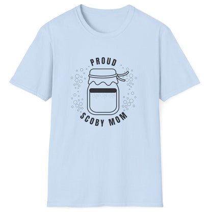 Proud SCOBY Mom T-shirt - black design on a light blue T-Shirt, unisex cotton tee for kombucha brewers and fermentation enthusiasts