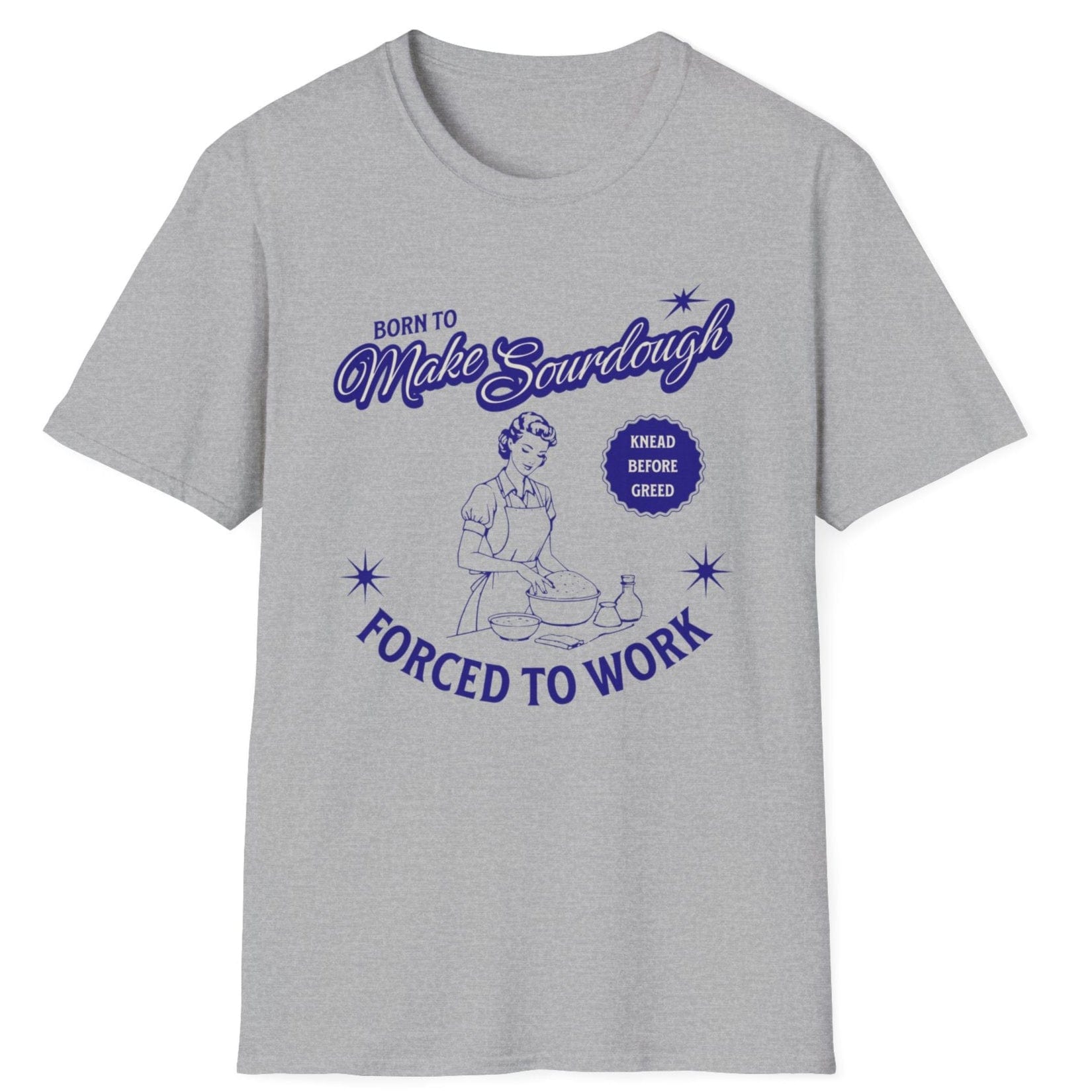 Vintage-style sourdough T-shirt in grey with retro baker illustration and slogan 'Born to Make Sourdough, Forced to Work' – perfect for home bakers and bread lovers