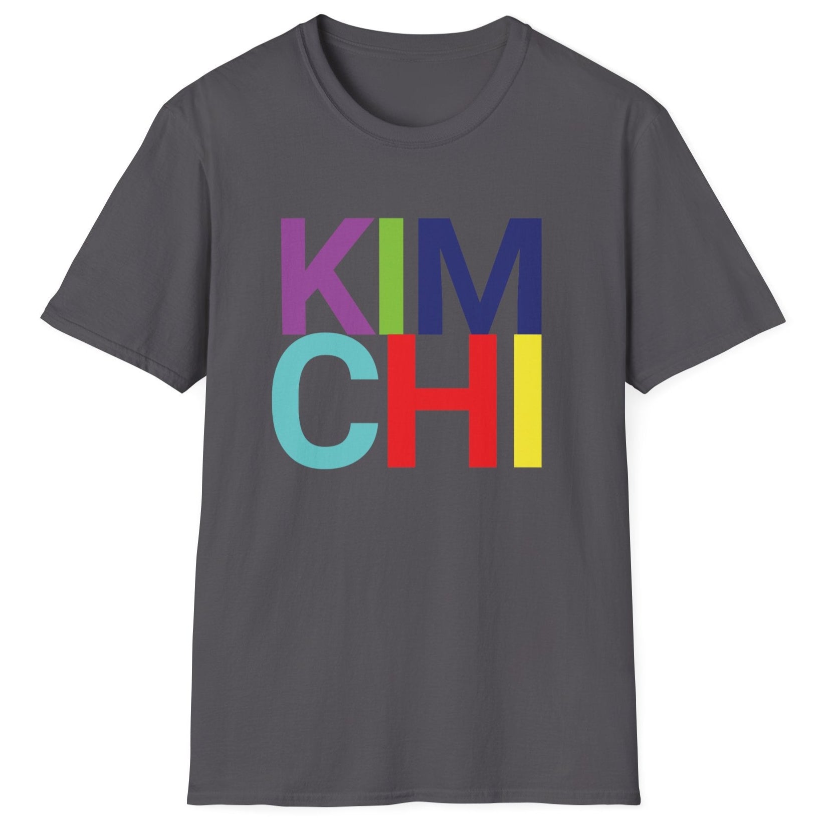Charcoal grey cotton t-shirt with 'KIM CHI' in bold colourful typography. Great gift for kimchi lovers and fermenters.