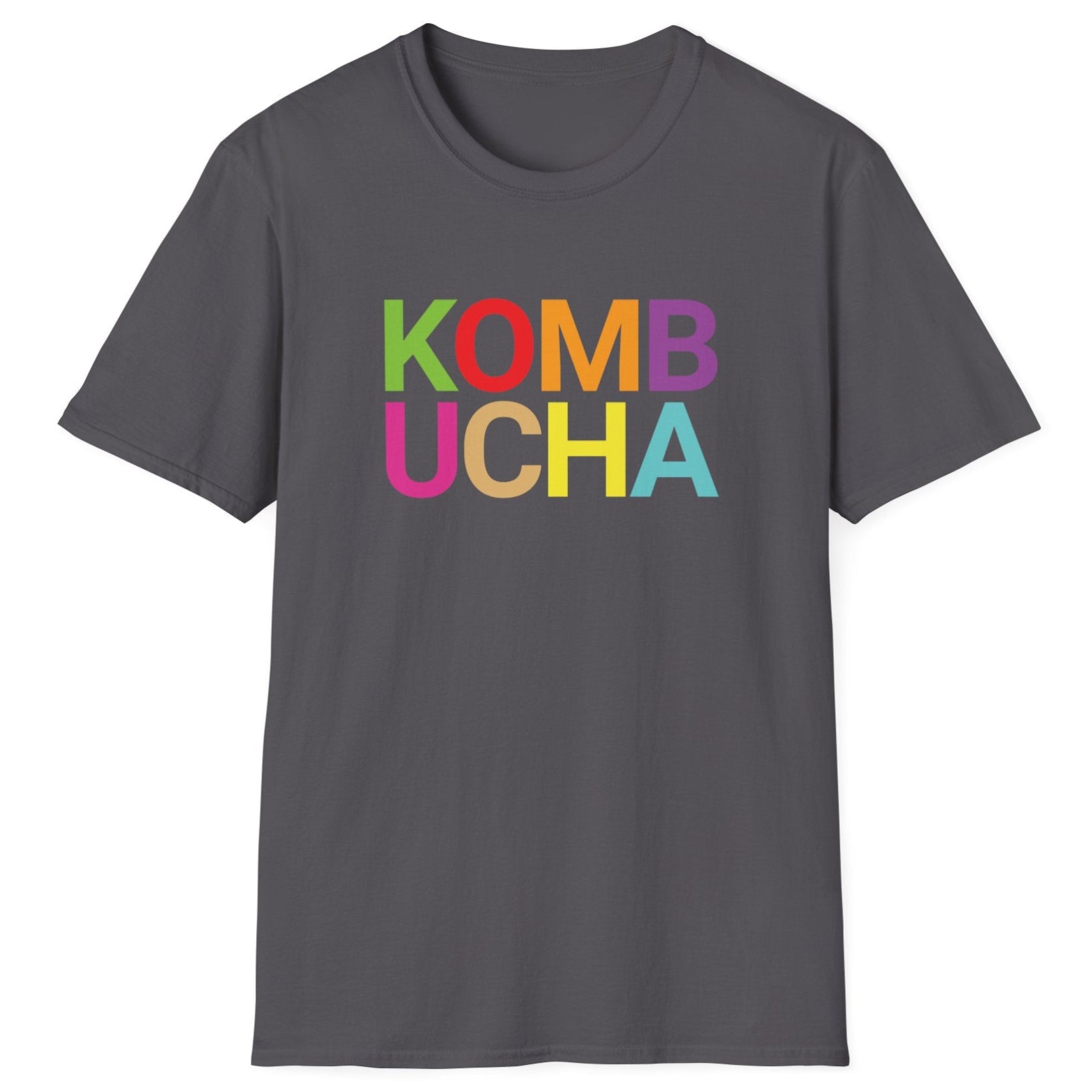 Charcoal cotton t-shirt with 'KOMB UCHA' in bold colourful typography. Modern and playful. Great gift for fermenters and kombucha lovers.
