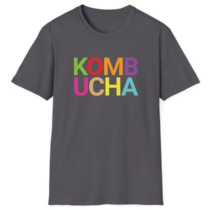 Charcoal cotton t-shirt with 'KOMB UCHA' in bold colourful typography. Modern and playful. Great gift for fermenters and kombucha lovers.