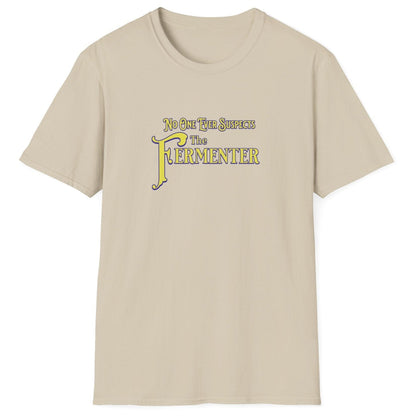 Unisex neutral cotton T-shirt with vintage noir typography saying 'No One Ever Suspects The Fermenter,' perfect for fermentation fans and foodie humor lover