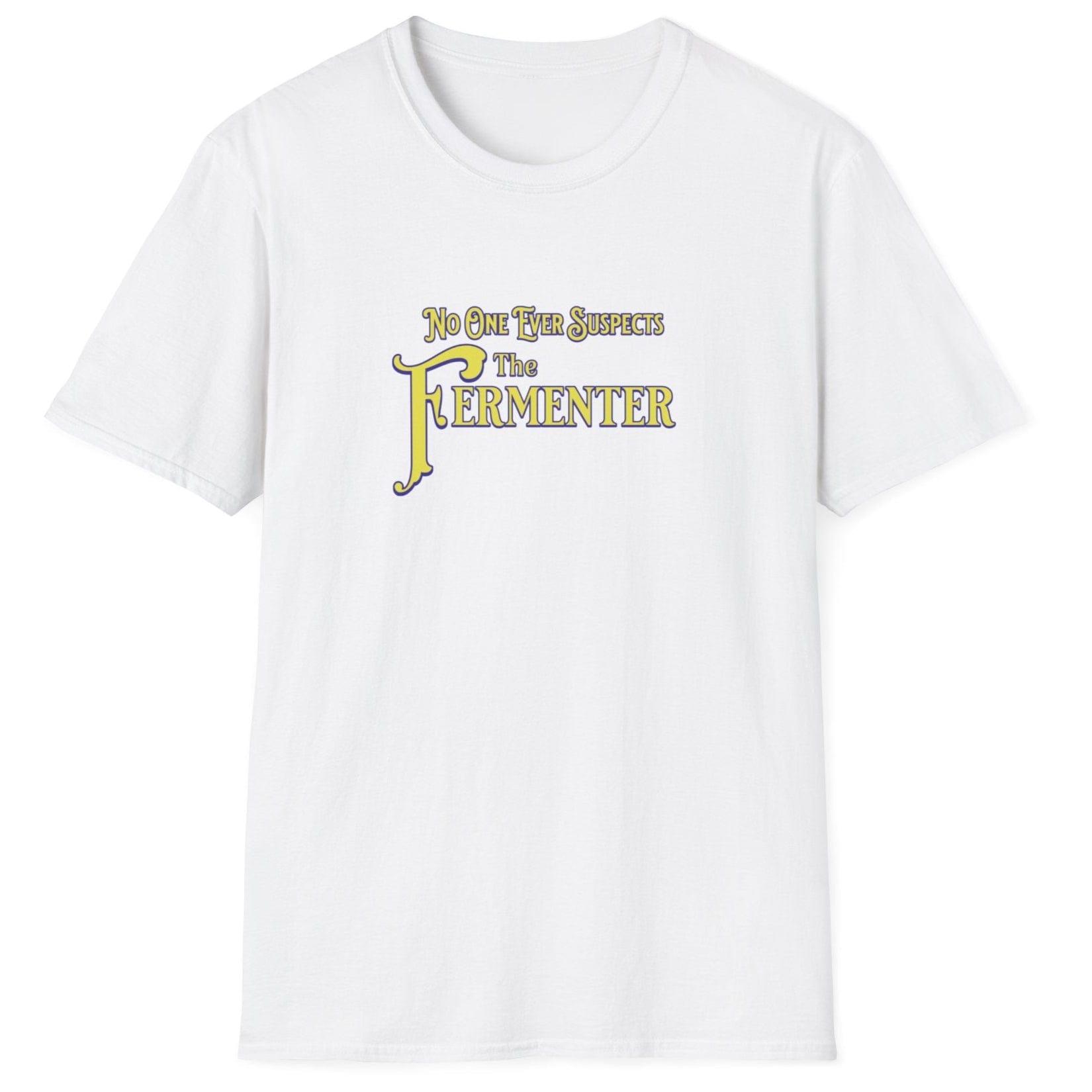 Unisex white cotton T-shirt with vintage noir typography saying 'No One Ever Suspects The Fermenter,' perfect for fermentation fans and foodie humor lovers