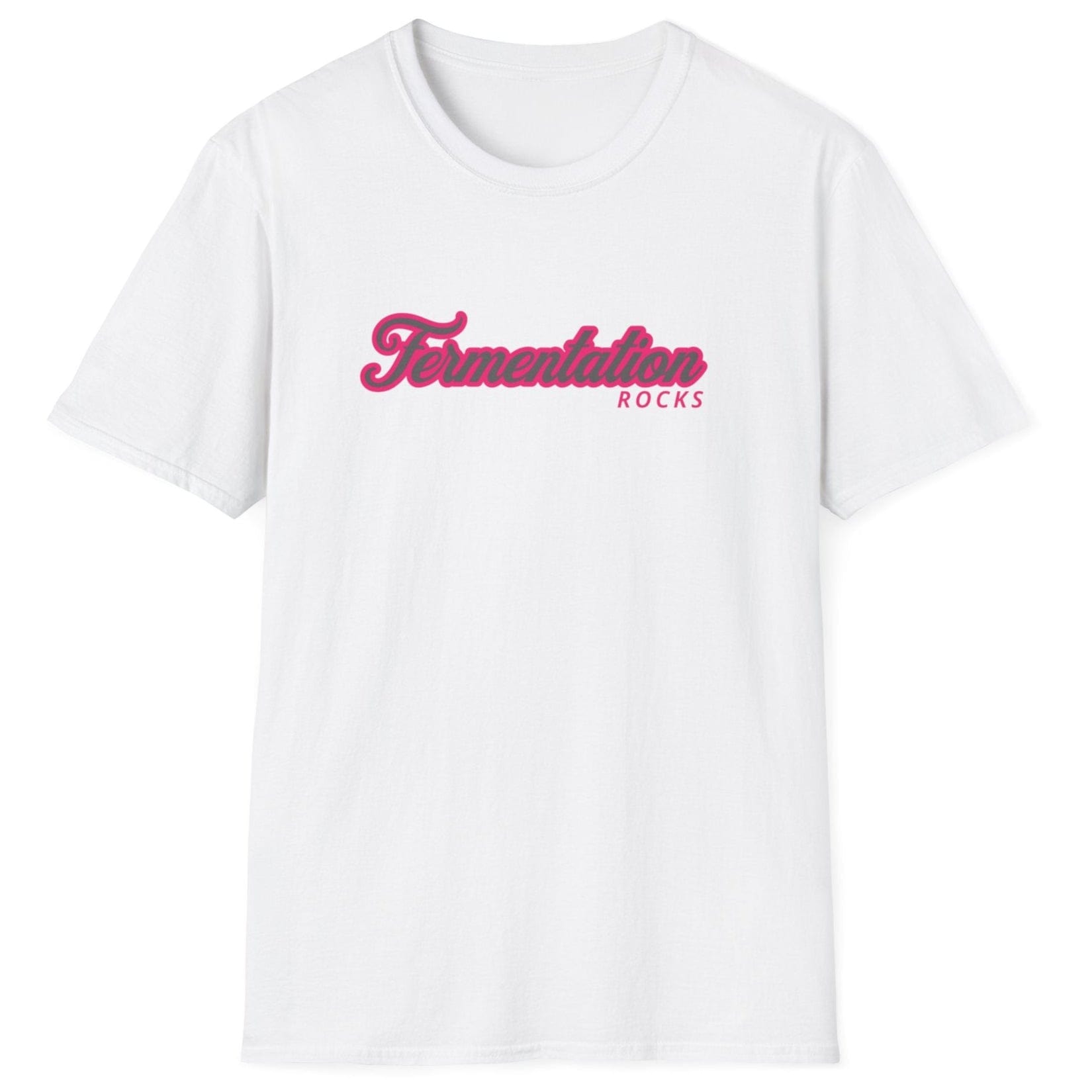 Unisex white cotton T-shirt with retro pink typography reading 'Fermentation Rocks,' perfect for fermentation fans and foodie gift lovers