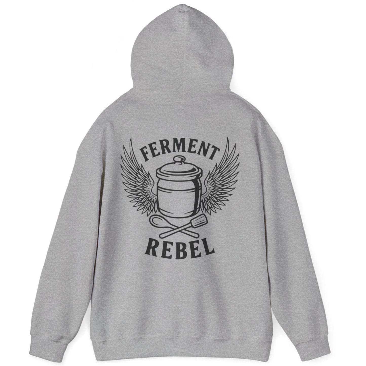 Grey Ferment Rebel back print hoodie for fans of fermentation, featuring a ceramic crock with dramatic wings and crossed wooden spoon and tamper - tools of the trade. Design inspired by vintage Harley Davidson jackets.