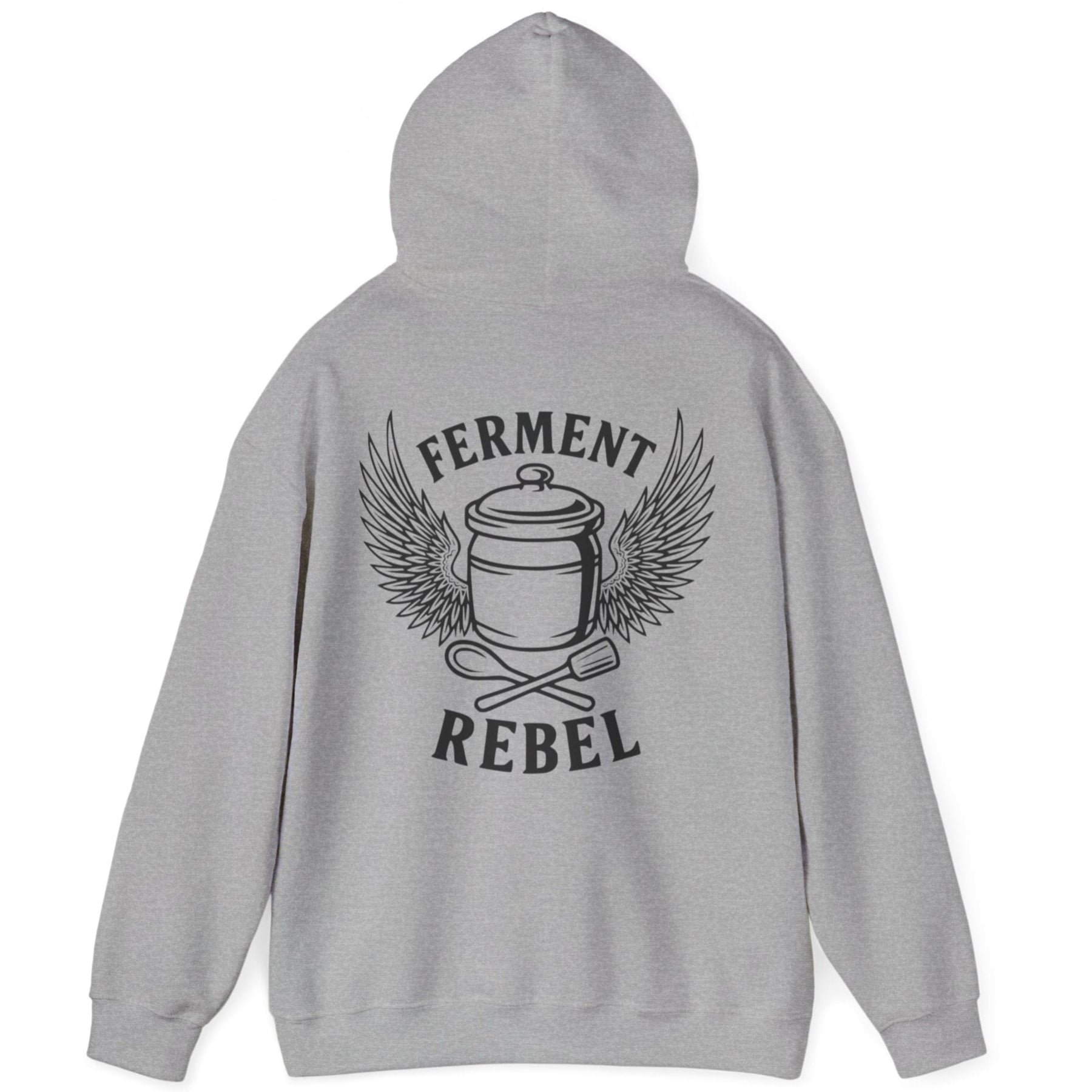 Grey Ferment Rebel back print hoodie for fans of fermentation, featuring a ceramic crock with dramatic wings and crossed wooden spoon and tamper - tools of the trade. Design inspired by vintage Harley Davidson jackets.