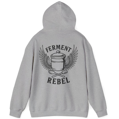 Grey Ferment Rebel back print hoodie for fans of fermentation, featuring a ceramic crock with dramatic wings and crossed wooden spoon and tamper - tools of the trade. Design inspired by vintage Harley Davidson jackets.
