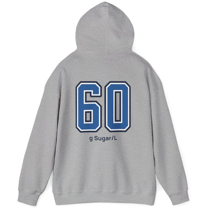 grey varsity style hoodie for kombucha brewers with big bold back print stating 60g Sugar/L