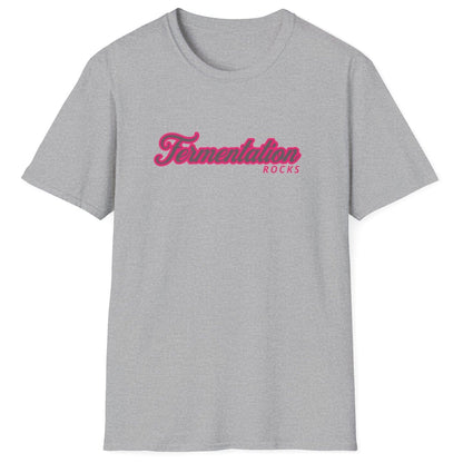Unisex grey cotton T-shirt with retro pink typography reading 'Fermentation Rocks,' perfect for fermentation fans and foodie gift lovers