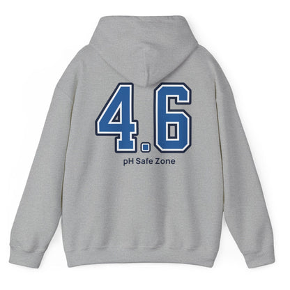 grey hoodie with big bold varsity style numbers representing the 4.6pH safe zone where bad bacteria can't survive. Great gift for fermenters.