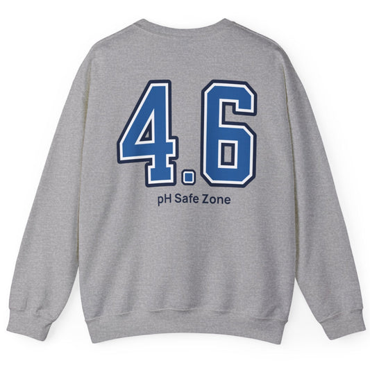 grey sweatshirt with big bold varsity style numbers representing the 4.6pH safe zone where bad bacteria can't survive. Great gift for fermenters