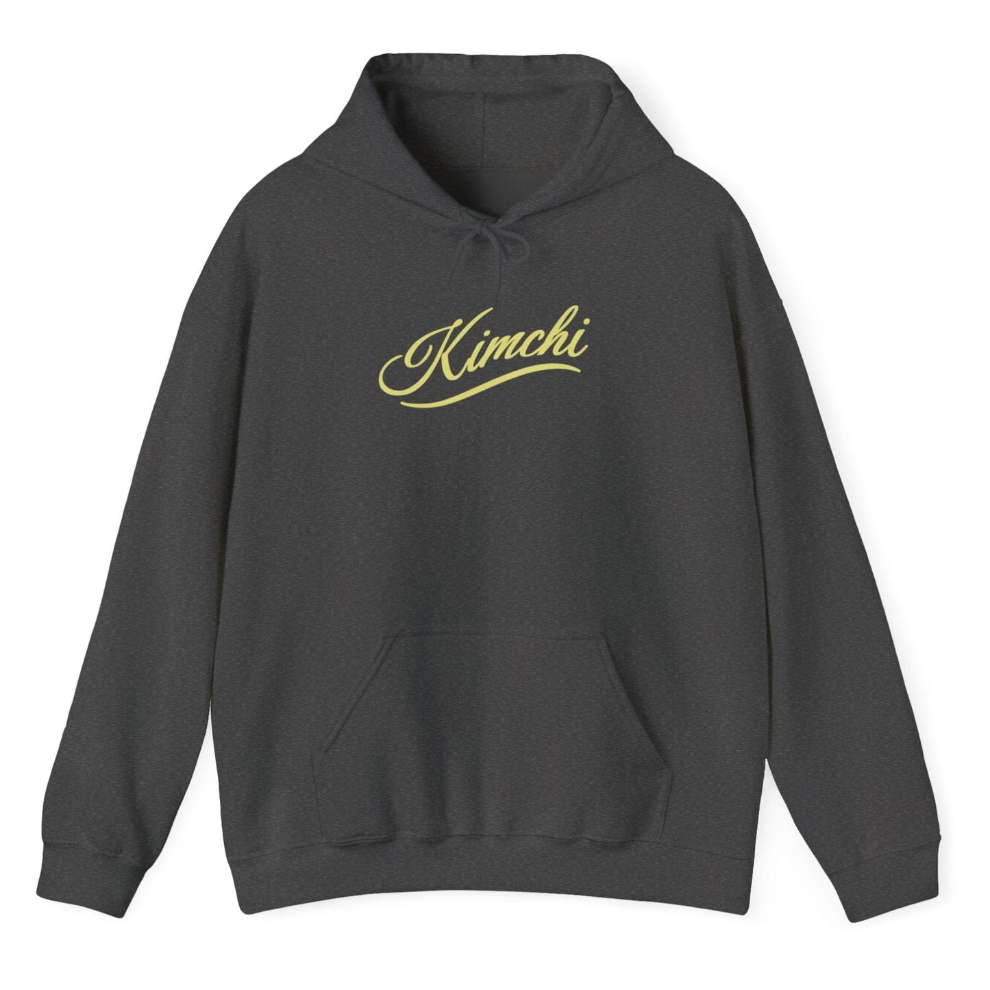 Grey hoodie with the word KIMCHI in in a simple but elegant script with a subtle flourish. Great gift for fermenters and kimchi lovers.