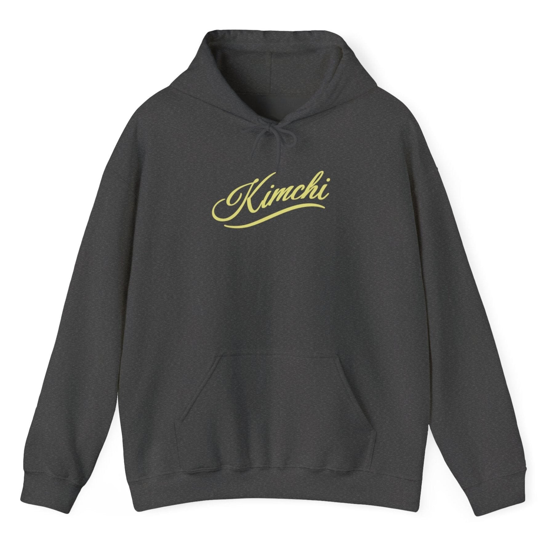 Grey hoodie with the word KIMCHI in in a simple but elegant script with a subtle flourish. Great gift for fermenters and kimchi lovers.
