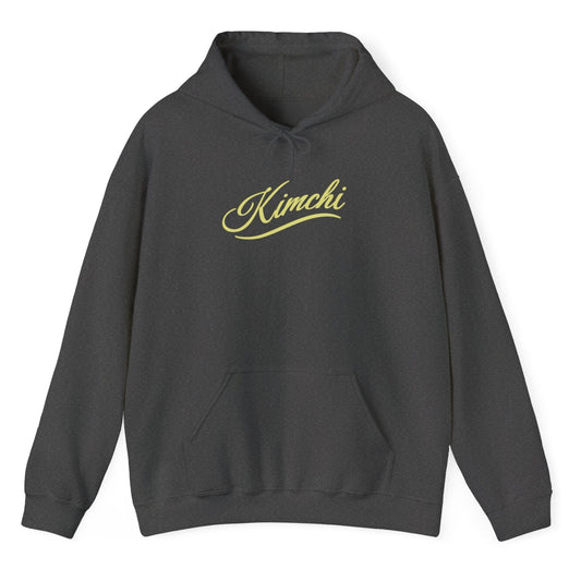 Grey hoodie with the word KIMCHI in in a simple but elegant script with a subtle flourish. Great gift for fermenters and kimchi lovers.