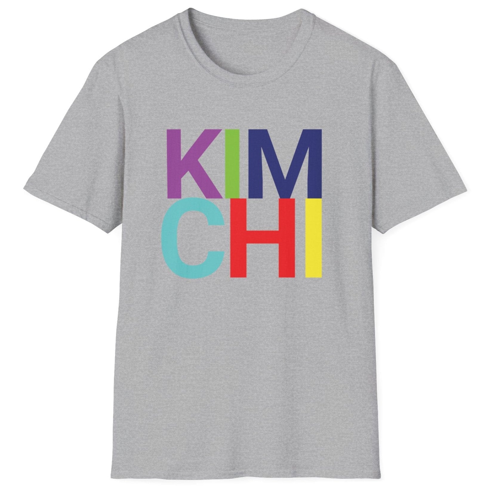 Grey cotton t-shirt with 'KIM CHI' in bold colourful typography. Great gift for kimchi lovers and fermenters.