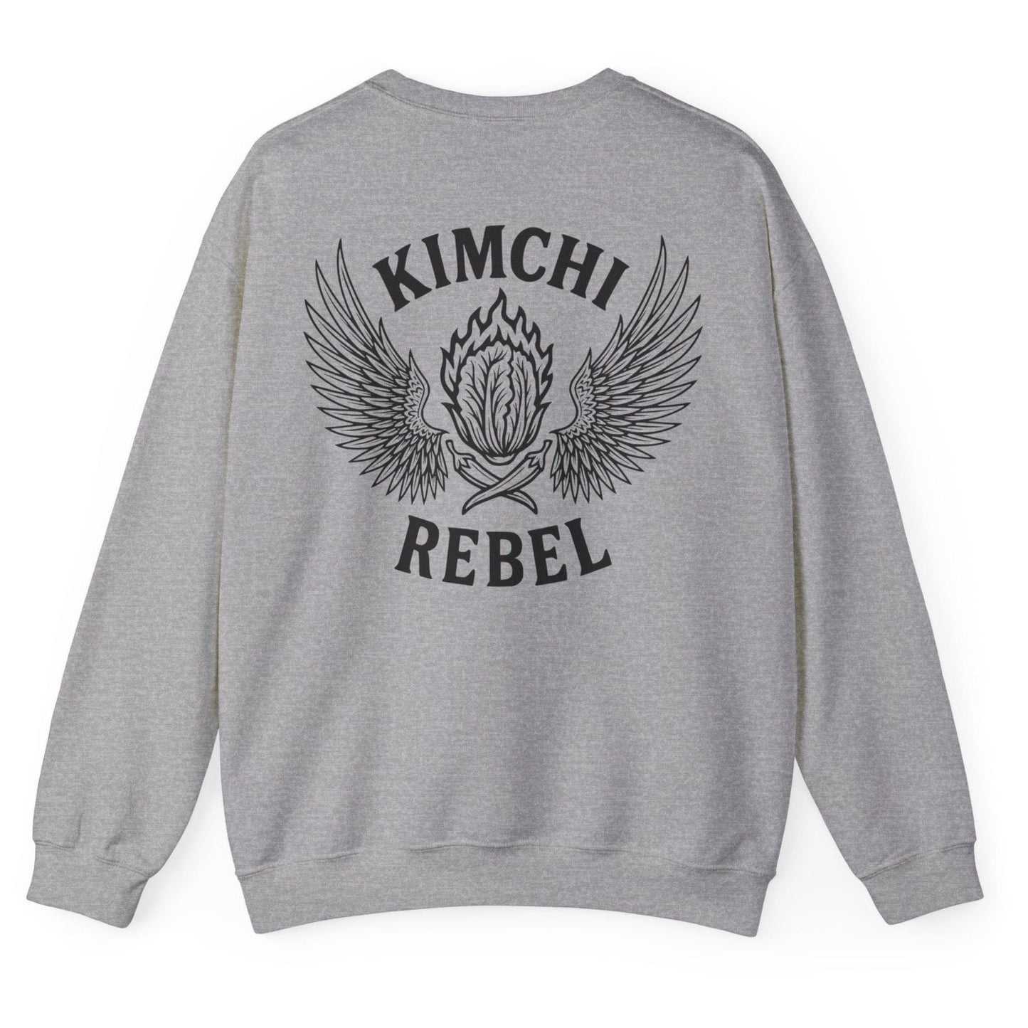 Sports grey Kimchi Rebel back print sweatshirt for fans of fermentation and kimchi lovers, featuring a nappa cabbage in spicy flames, wings and crossed chillies. Design inspired by vintage Harley Davidson jackets.