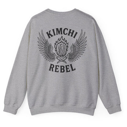 Sports grey Kimchi Rebel back print sweatshirt for fans of fermentation and kimchi lovers, featuring a nappa cabbage in spicy flames, wings and crossed chillies. Design inspired by vintage Harley Davidson jackets.