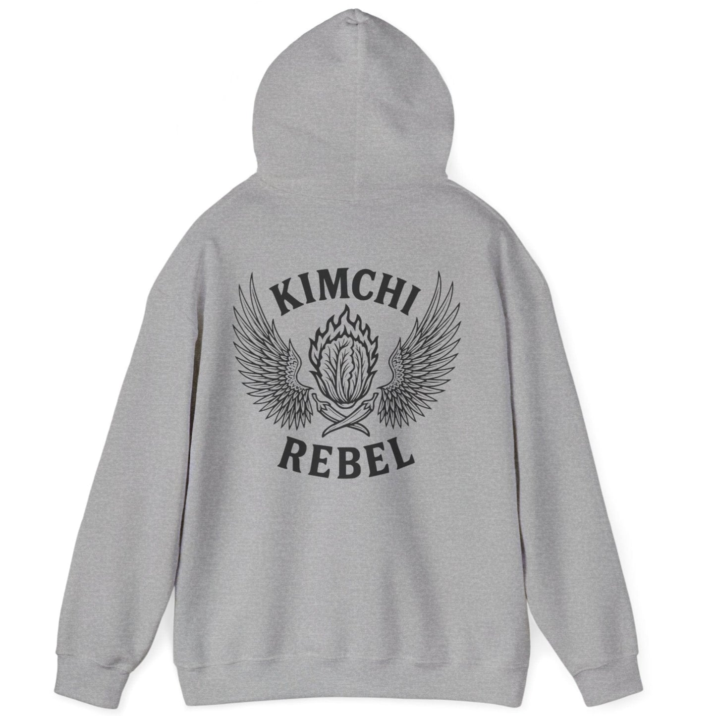 Sports grey Kimchi Rebel back print hoodie for fans of fermentation, featuring a nappa cabbage in spicy flames, wings and crossed chillies. Design inspired by vintage Harley Davidson jackets.