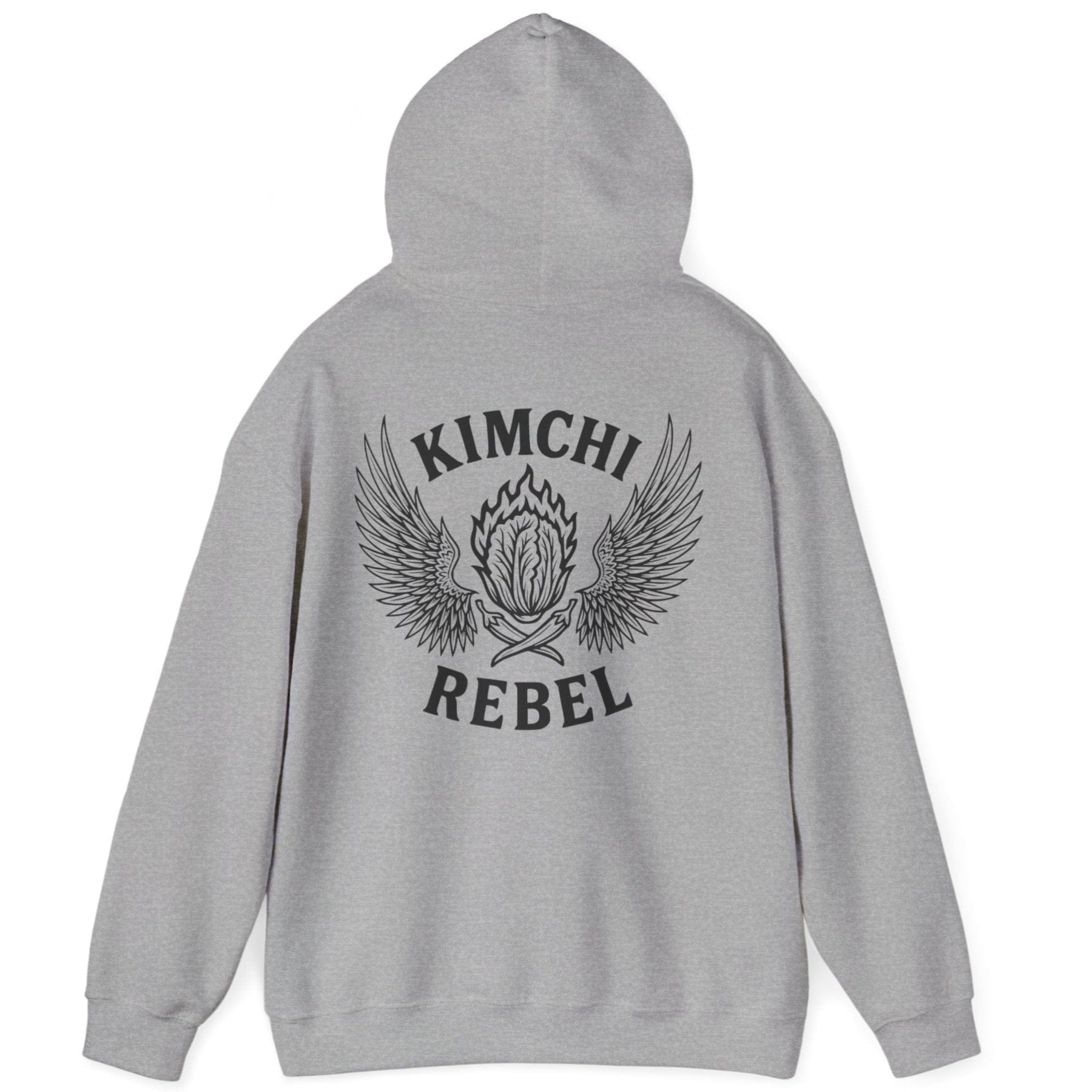 Sports grey Kimchi Rebel back print hoodie for fans of fermentation, featuring a nappa cabbage in spicy flames, wings and crossed chillies. Design inspired by vintage Harley Davidson jackets.