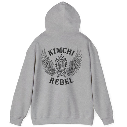 Sports grey Kimchi Rebel back print hoodie for fans of fermentation, featuring a nappa cabbage in spicy flames, wings and crossed chillies. Design inspired by vintage Harley Davidson jackets.