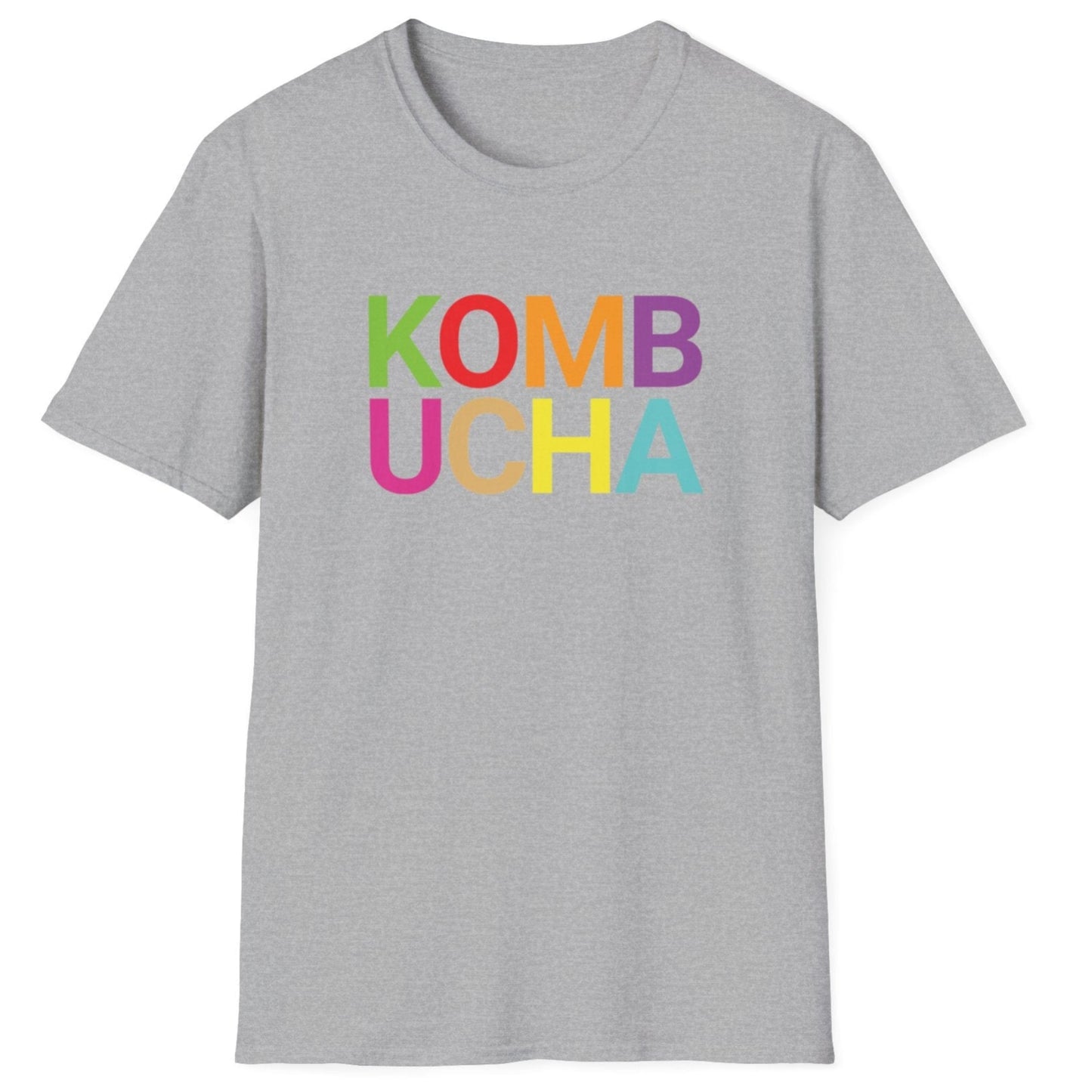 Grey cotton t-shirt with 'KOMB UCHA' in bold colourful typography. Modern and playful. Great gift for fermenters and kombucha lovers.