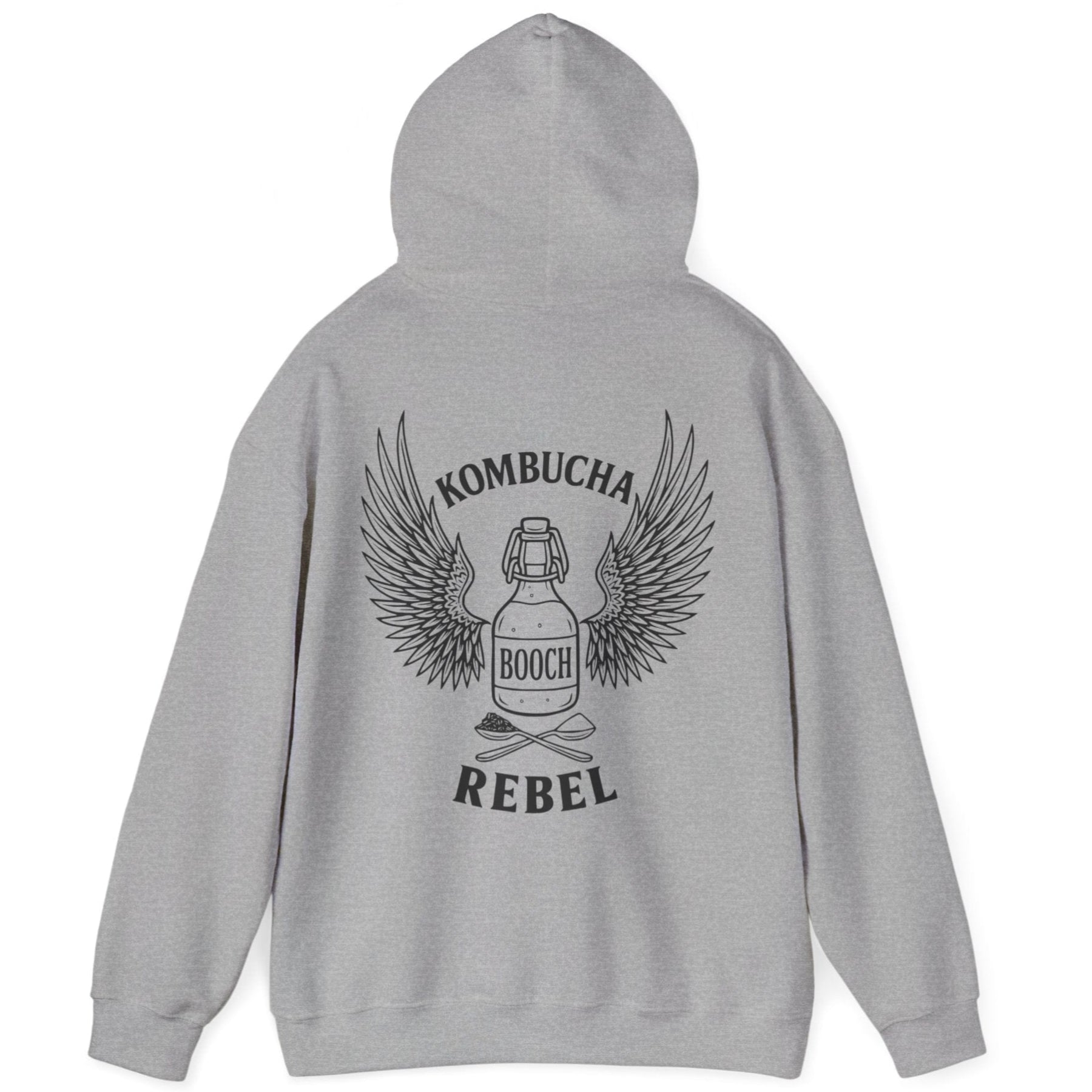 Grey Kombucha Rebel back print hoodie for fans of fermentation, featuring a bottle of booch with dramatic wings and crossed spoons - one with tea leaves and one with sugar. Design inspired by vintage Harley Davidson jackets.