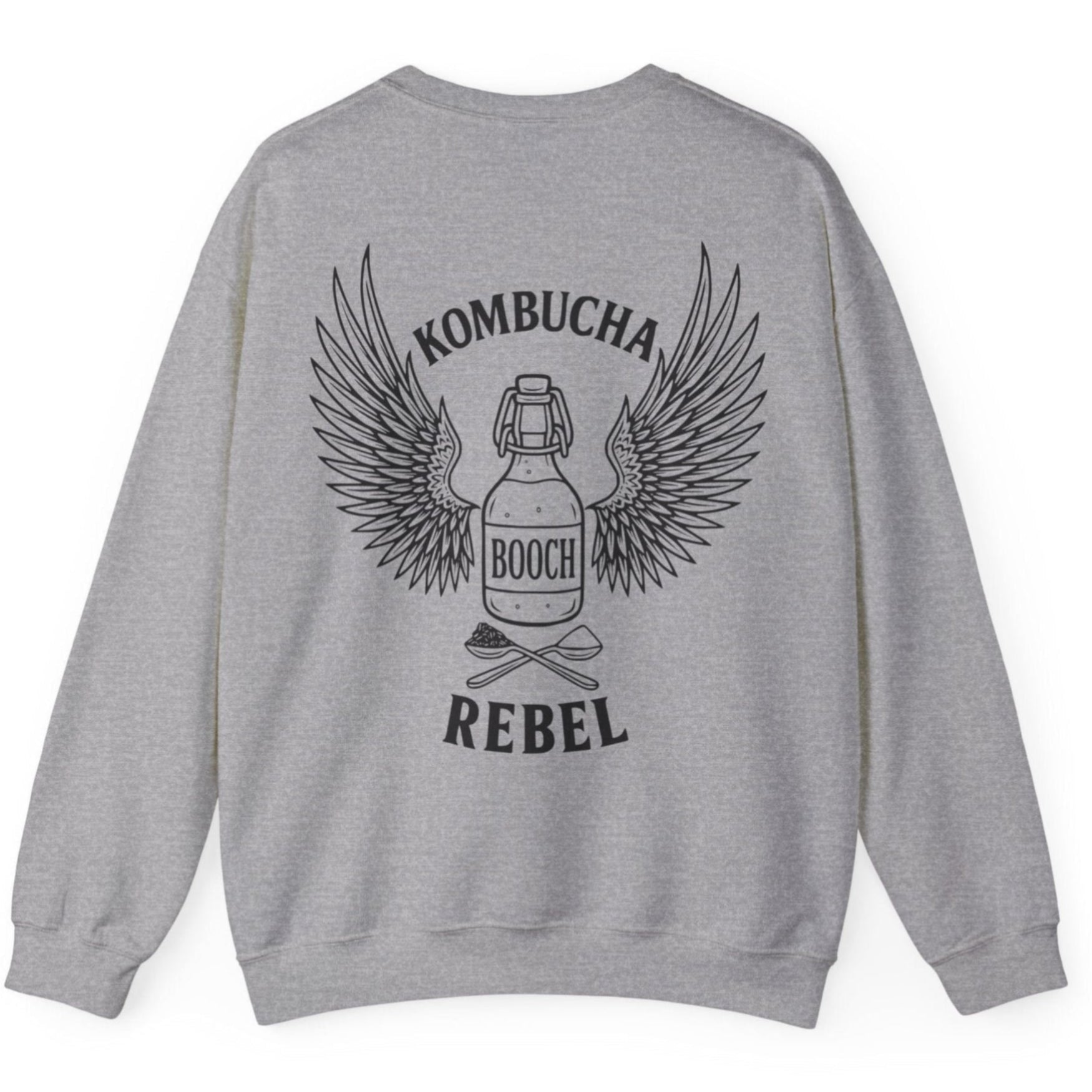 Grey Kombucha Rebel back print sweatshirt for fans of fermentation, featuring a bottle of booch with dramatic wings and crossed spoons - one with tea leaves and one with sugar. Design inspired by vintage Harley Davidson jackets.